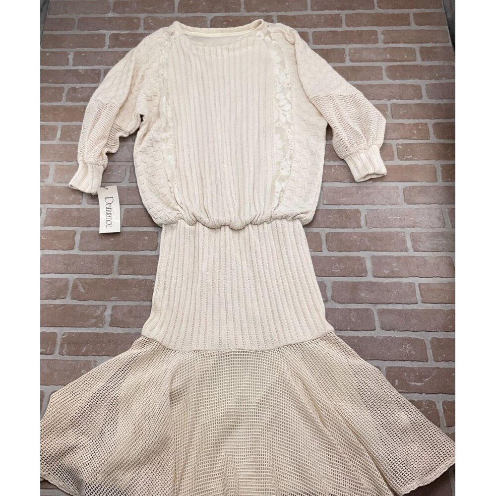Damianou Dress Women Sm Beige‎ Natural Blouson Flapper Sweater Knit USA VTG NWT